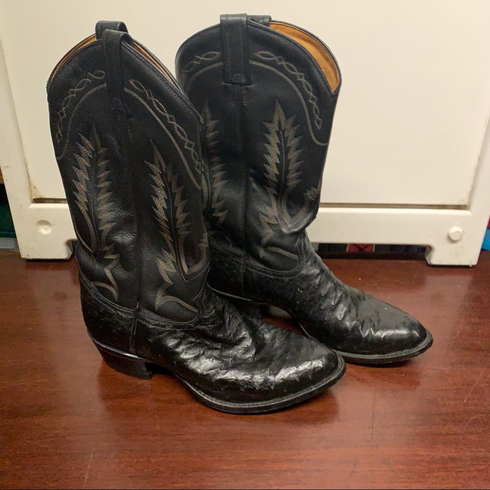 Tony Lama Ostrich Skin Boots Black Size 91/2 EE Made In USA